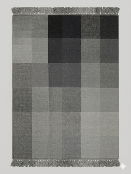 Alfombra durrie de lana tejida a mano – patrón de cuadros en gris y negro