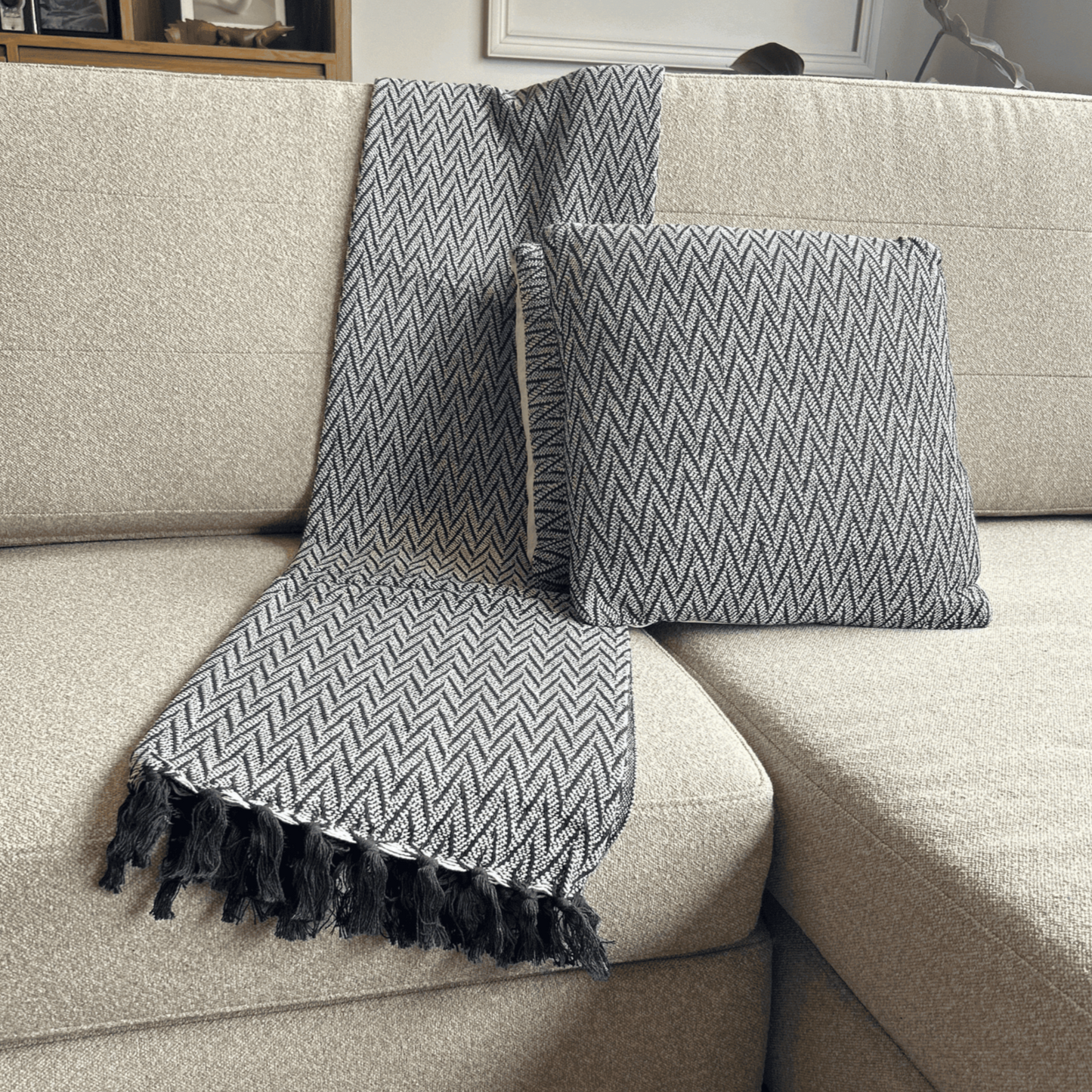 Conjunto de manta y 2 cojines de algodón tejidos a mano. 