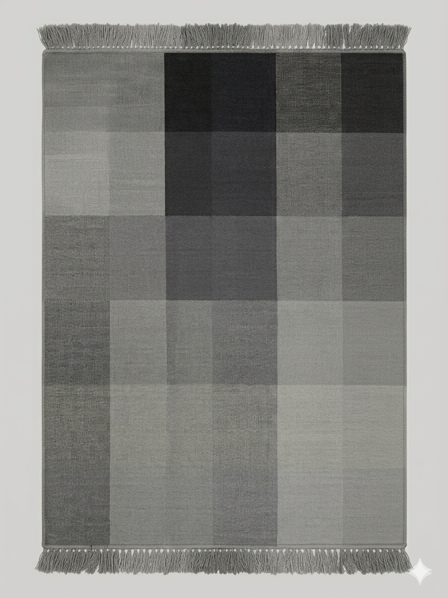 Alfombra durrie de lana tejida a mano – patrón de cuadros en gris y negro