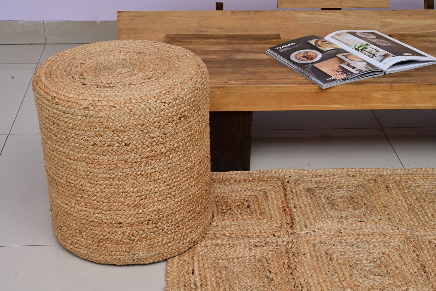 Puff Redondo de Yute Natural Tejido a Mano