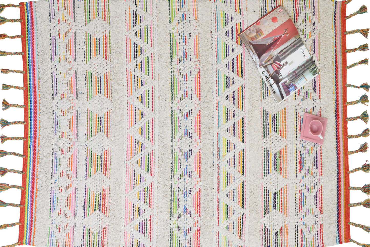 Alfombra de Algodón con Patrón de Diamante – Borde y Flecos