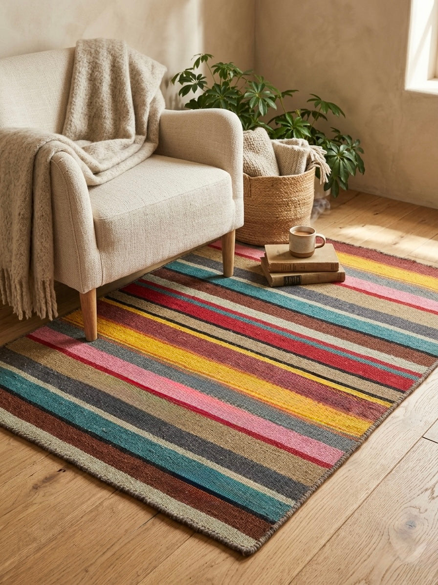 Alfombra durrie de lana tejida a mano – patrón de rayas (colores surtidos)
