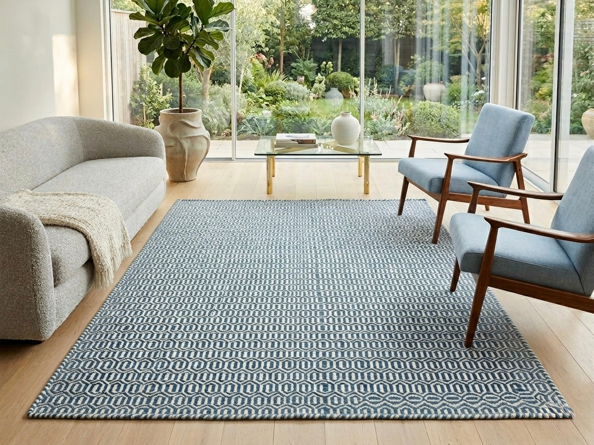 Alfombra durrie de lana tejida a mano – patrón de diamantes Azul