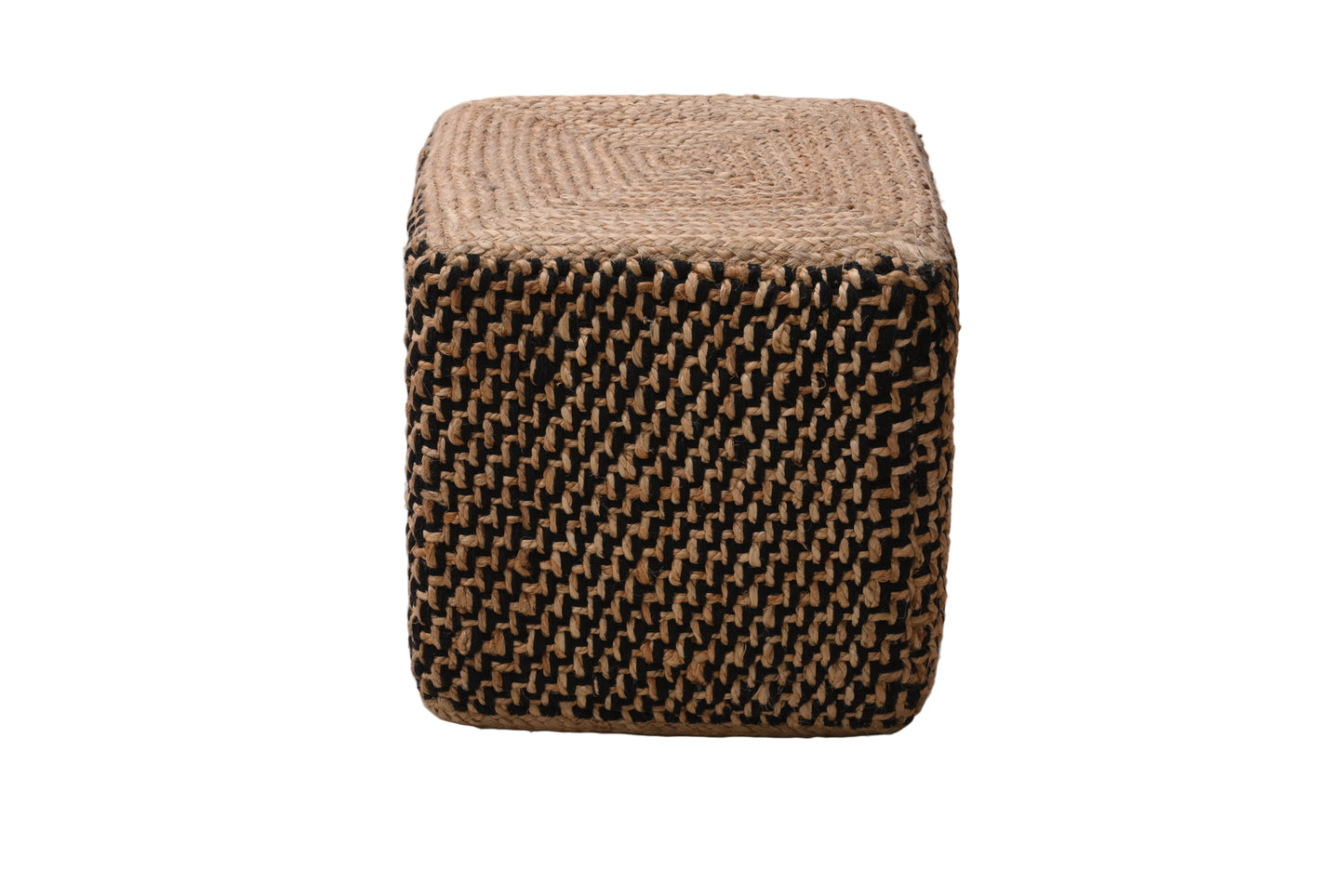 Puff Cuadrado de Yute Natural y Negro Tejido a Mano