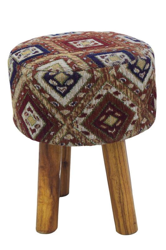 Taburete Jacquard Geométrico Multicolor Tejido a Mano con Patas de Madera