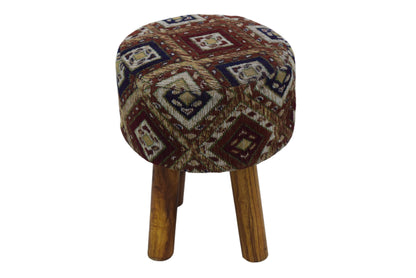 Taburete Jacquard Geométrico Multicolor Tejido a Mano con Patas de Madera