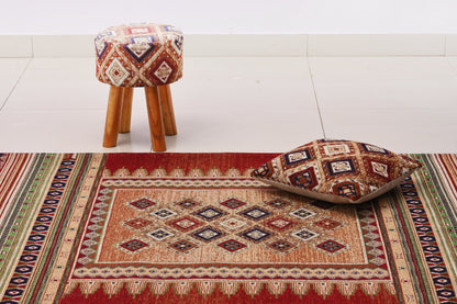 Taburete Jacquard Geométrico Multicolor Tejido a Mano con Patas de Madera