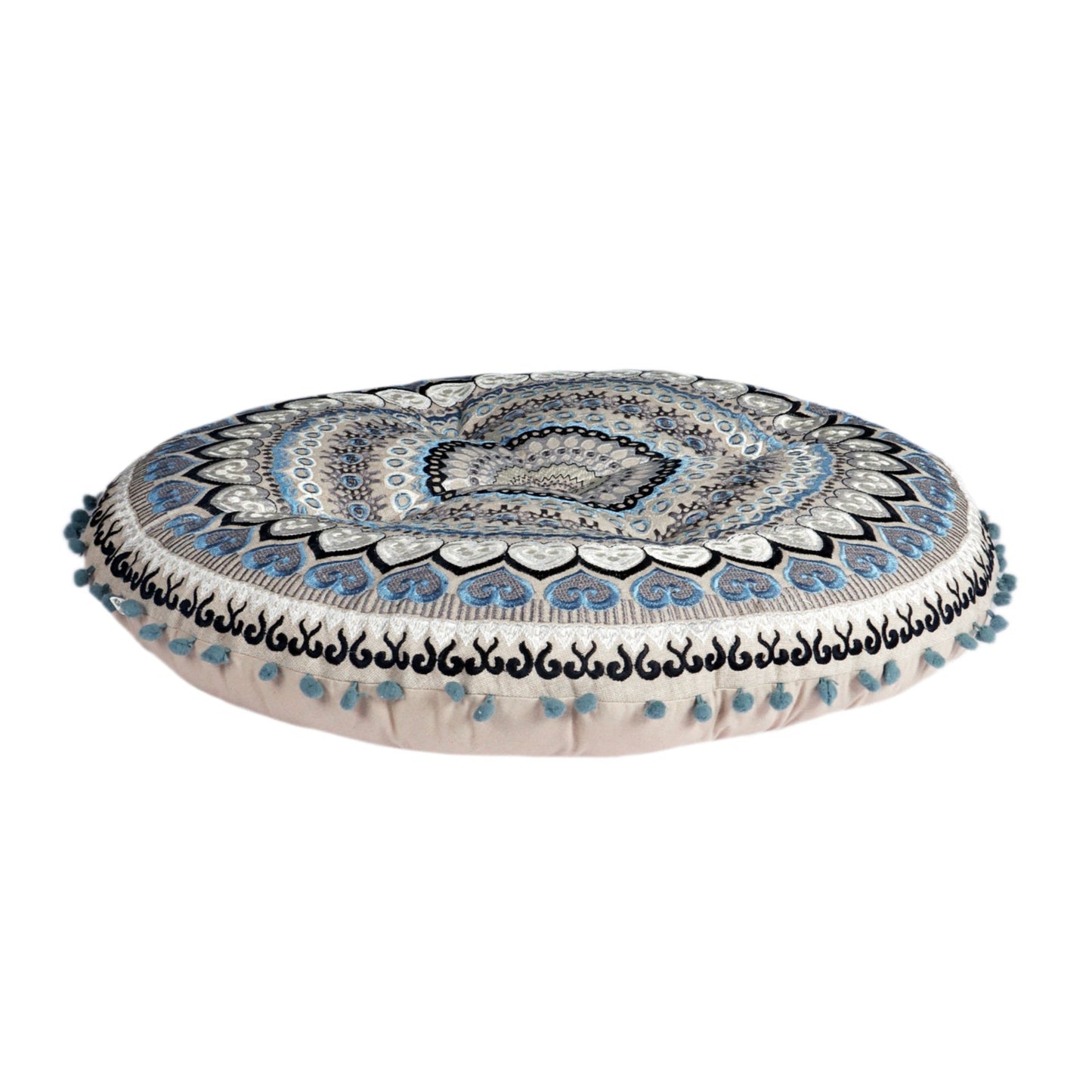 Taburete con cojín de piso y juego de almohadas.